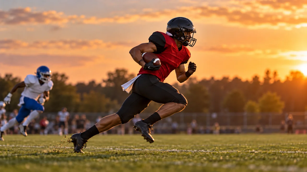 Generated illustration of anonymous helmet-obscured football action in red/black and white/blue; generic school-color-inspired kits, not identifiable players or actual game photography.